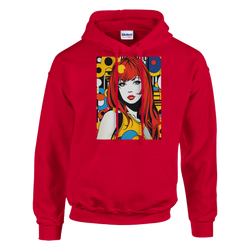 Red retro pop art woman hoodie featuring bold graphic streetwear pullover with vibrant comic book style portrait and geometric patterns.