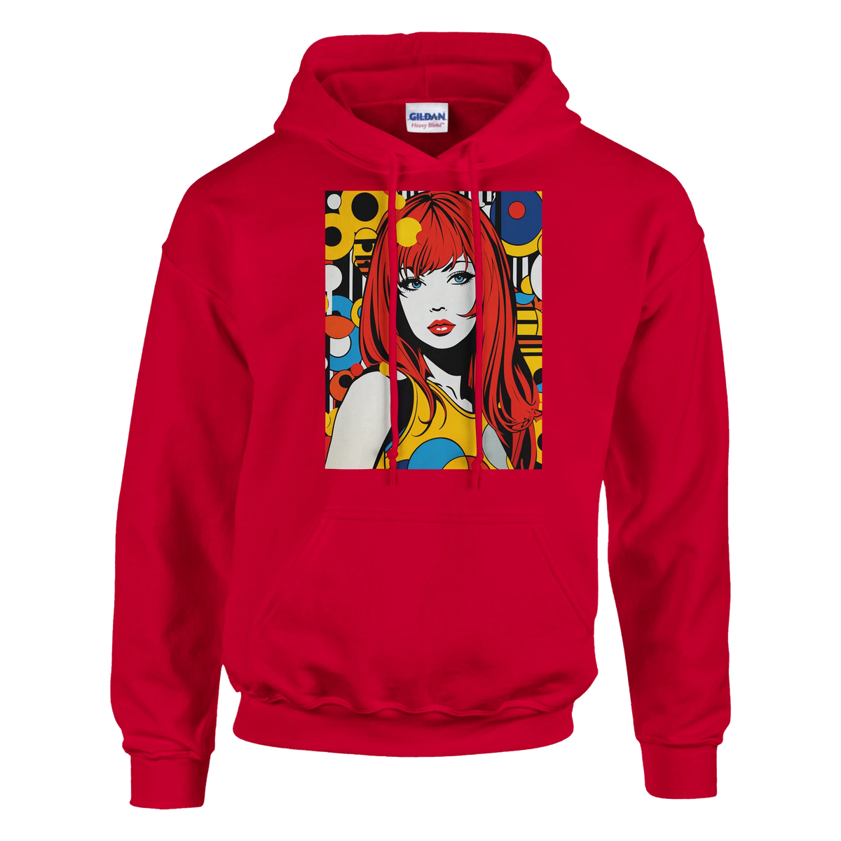 Red retro pop art woman hoodie featuring bold graphic streetwear pullover with vibrant comic book style portrait and geometric patterns.