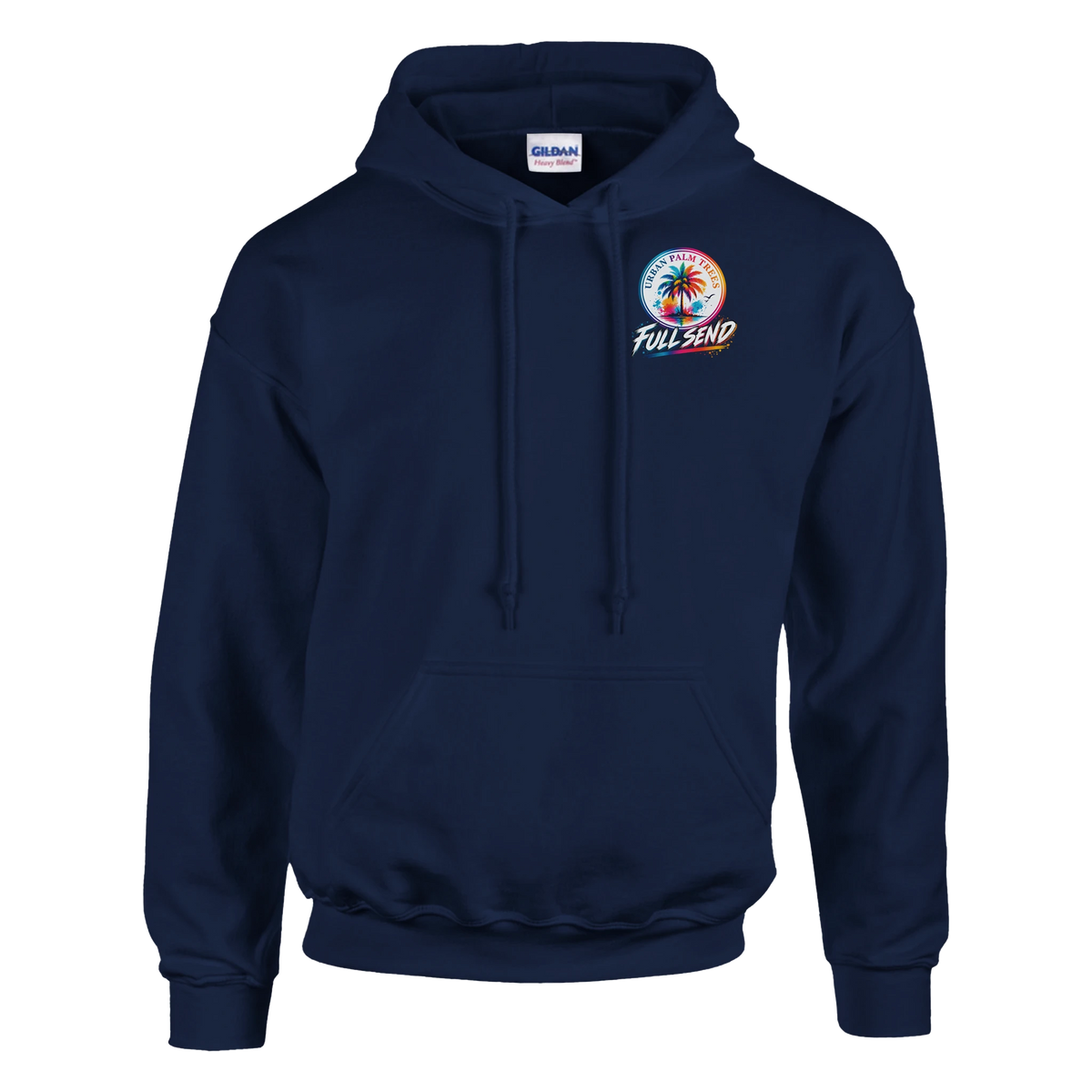 Navy bluepullover hoodie featuring colorful Urban Palm Trees and Full Send graphic. Modified car culture sweatshirt with kangaroo pocket and drawstrings.