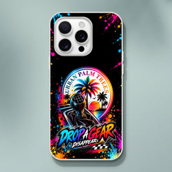 Vibrant iPhone case featuring a manual shifter, tropical sunset, and "Drop A Gear" text with colorful paint splatters.