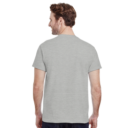 Back view of a man wearing a heather grey retro DJ monkey streetwear graphic tee with a plain design suitable for warehouse raves.