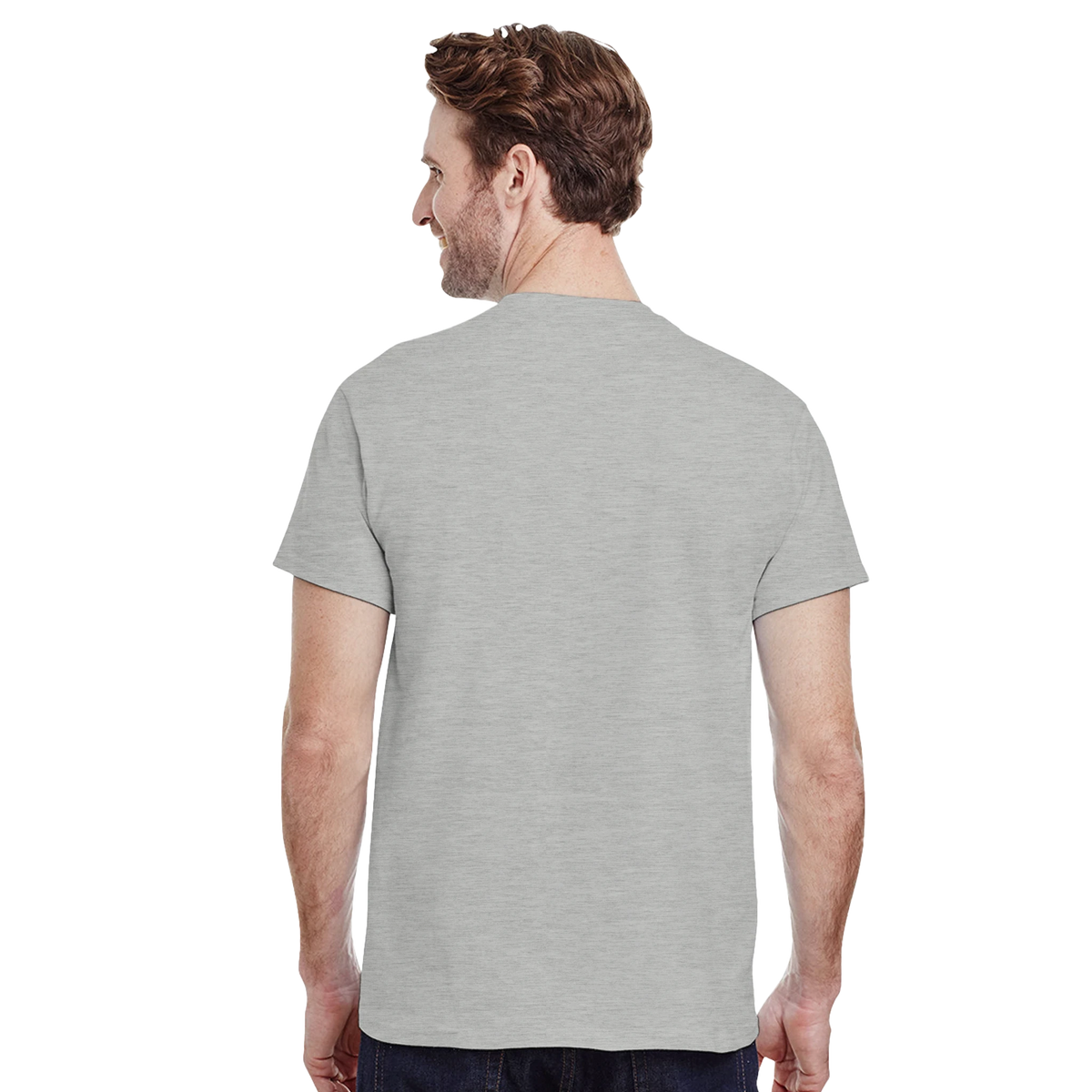 Back view of a man wearing a heather grey retro DJ monkey streetwear graphic tee with a plain design suitable for warehouse raves.