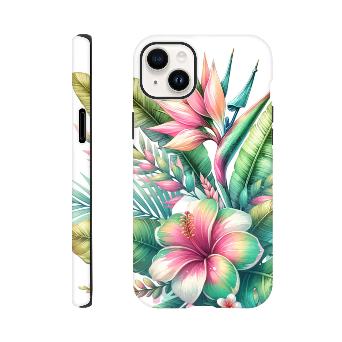 Tropical hibiscus and bird of paradise floral iPhone case with vibrant botanical print and impact-resistant protection for street style.