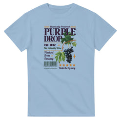 Light blue women's T-shirt featuring Purple Drop grape graphic, barcode, stars, and retro typography.
