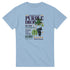 Light blue women's T-shirt featuring Purple Drop grape graphic, barcode, stars, and retro typography.