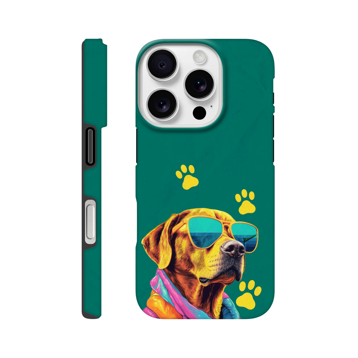 Teal iPhone case featuring a cool dog wearing sunglasses and a scarf, accented with yellow paw prints.