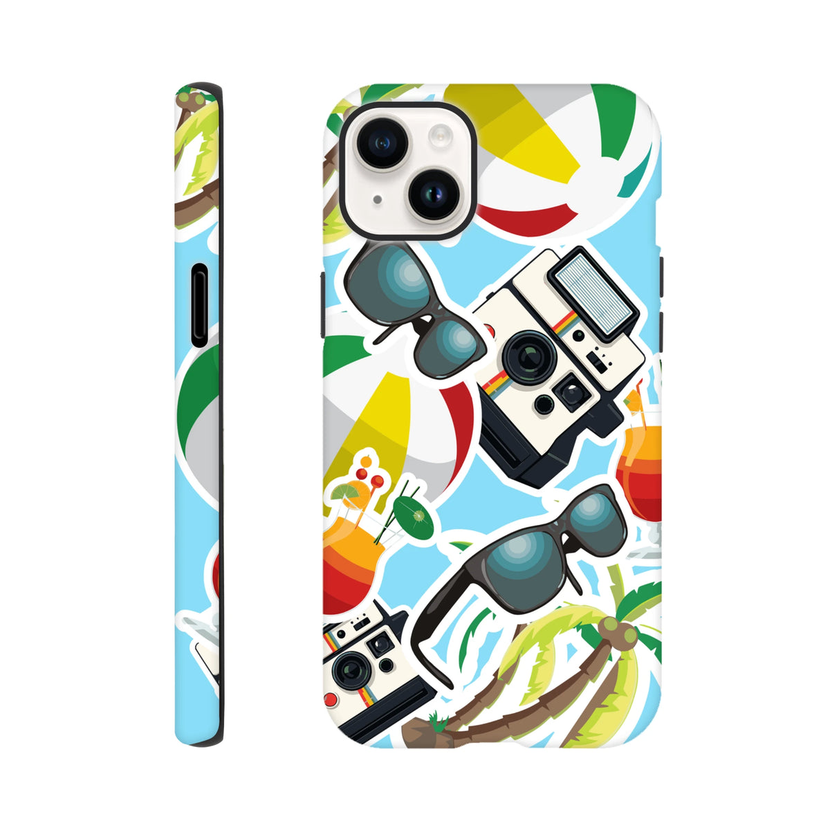 Blue summer holiday sticker iPhone case featuring palm trees, beach balls, sunglasses, cocktails, and a vintage camera on a light blue background.