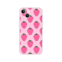 Cute pink strawberry iPhone case for 13-16, kawaii fruit aesthetic with green strawberry leaves on pink background