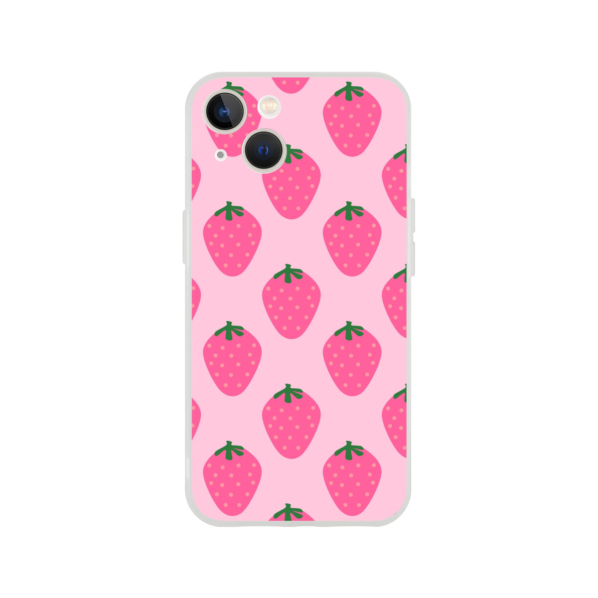 Cute pink strawberry iPhone case for 13-16, kawaii fruit aesthetic with green strawberry leaves on pink background