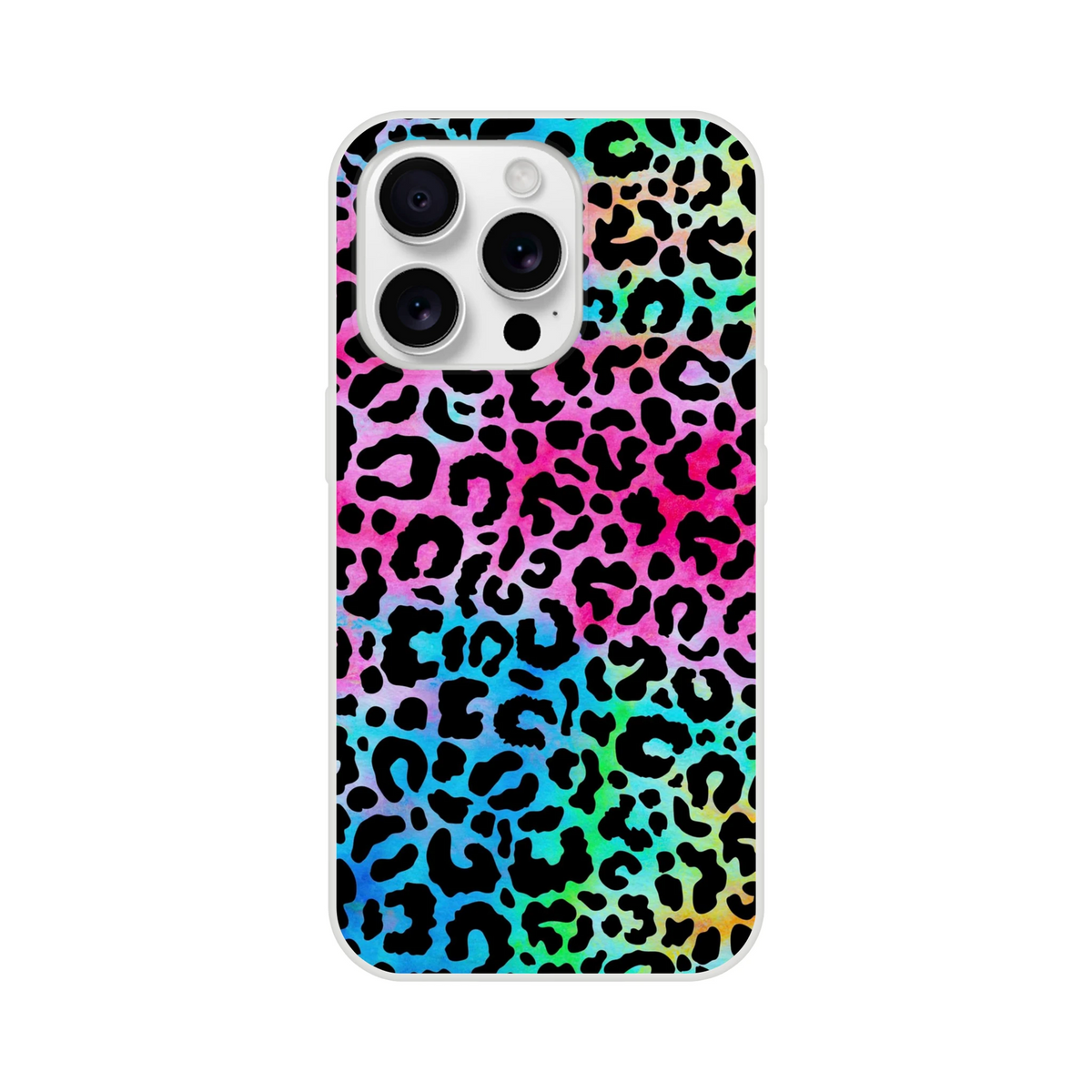 Rainbow leopard print iPhone case for iPhone 13–16 with a slim matte finish.