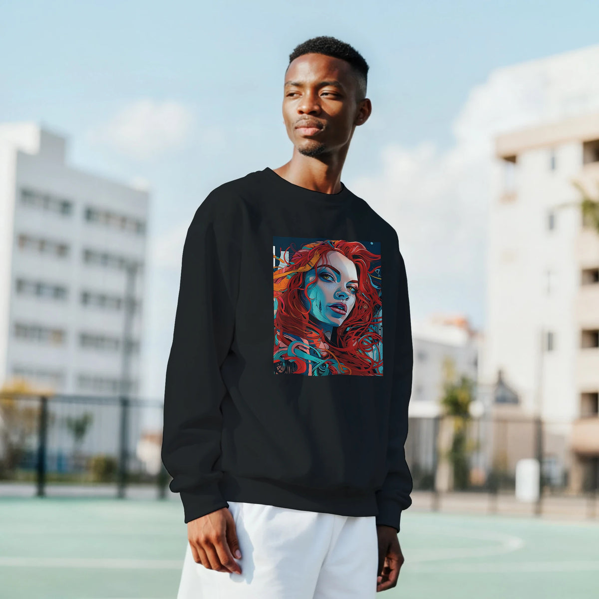 Male model wearing Urban Pop Art black sweatshirt with a colorful redhead portrait graphic.