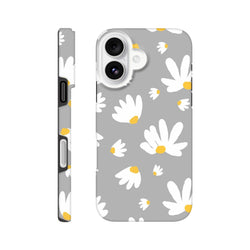 Grey Tough iPhone case with white daisy floral pattern and yellow centers on a utilitarian grey background.