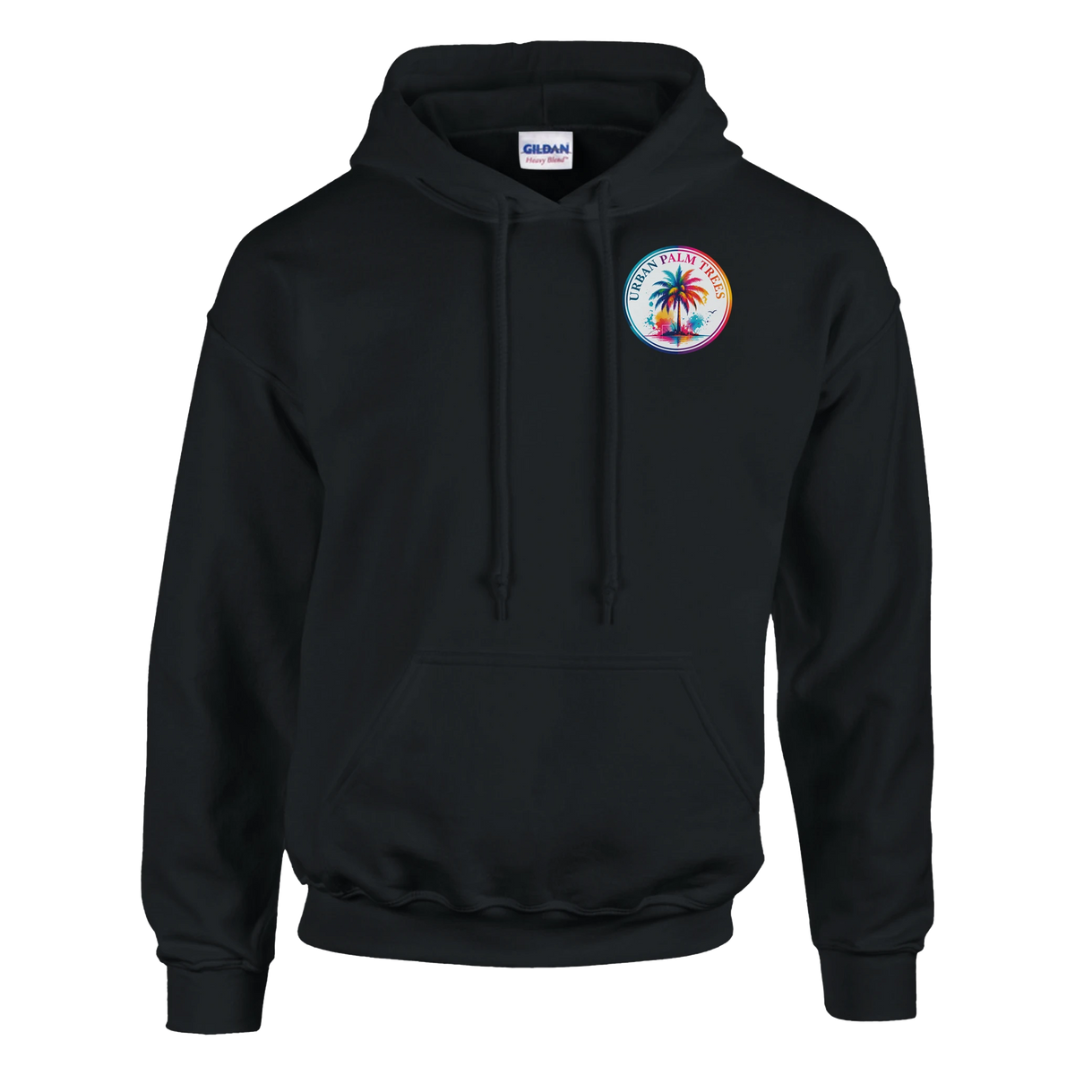 Black hoodie featuring a colorful circular Urban Palm Trees retro graphic on the chest, with a double-lined hood and matching drawstrings.
