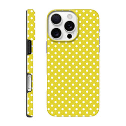 Yellow and white polka dot tough iPhone case for models 13-16. Cute vintage-style cover with dual-layer TPU impact protection and precise button access.