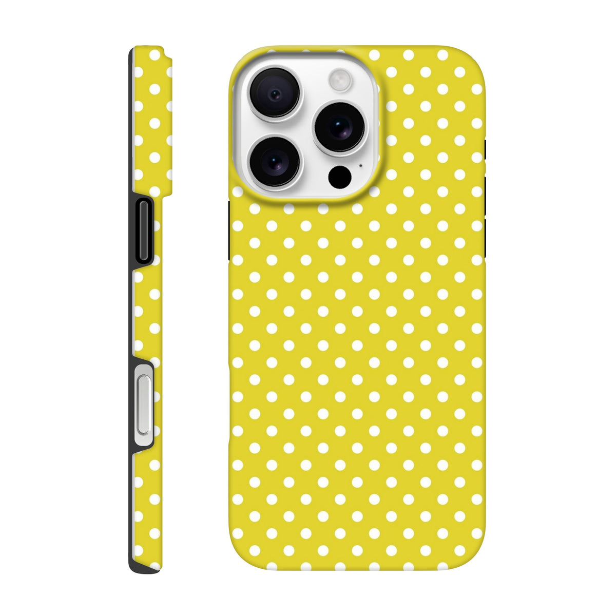 Yellow and white polka dot tough iPhone case for models 13-16. Cute vintage-style cover with dual-layer TPU impact protection and precise button access.