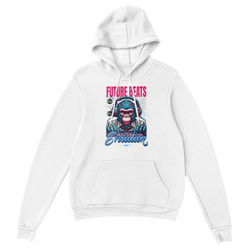 White 50/50 cotton-poly hoodie with pink and blue-accented monkey DJ graphic and Future Beats Evolution design.