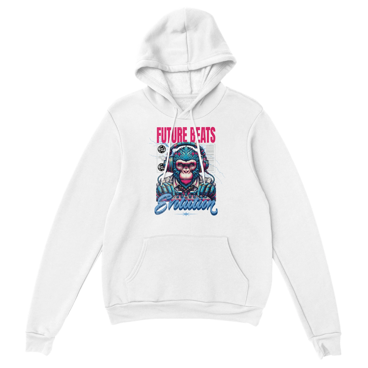 White 50/50 cotton-poly hoodie with pink and blue-accented monkey DJ graphic and Future Beats Evolution design.