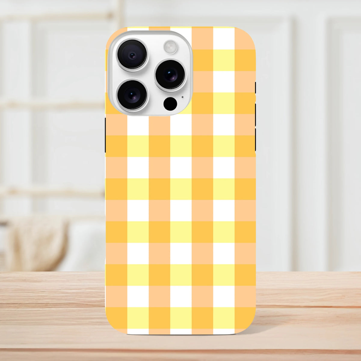 Retro yellow gingham checkered iPhone case providing tough protection with a cute, nostalgic grid design for iPhone 13-16.