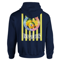 Navy hoodie featuring a retro yellow striped back print with a lemon graphic and Urban Palm Trees text.