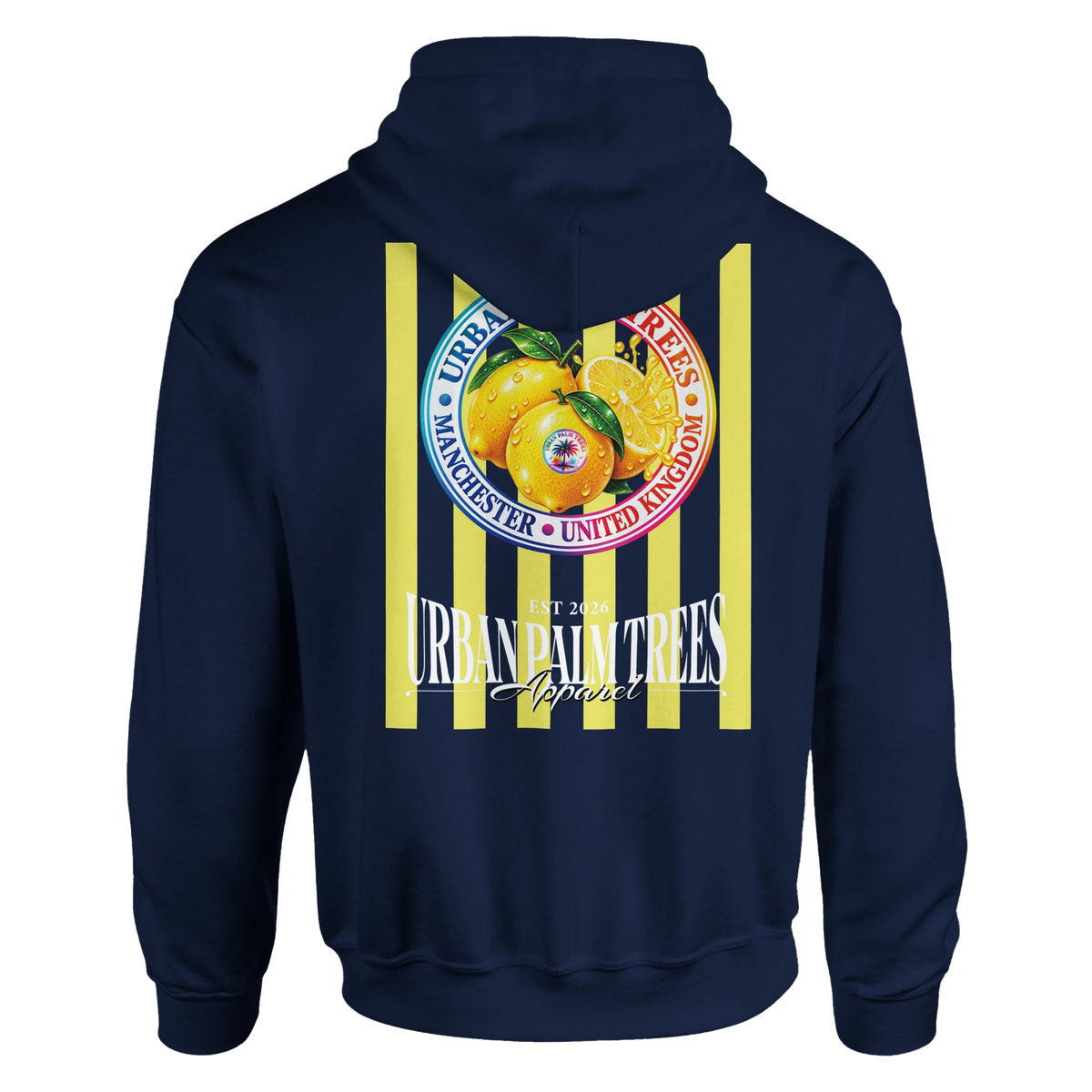 Navy hoodie featuring a retro yellow striped back print with a lemon graphic and Urban Palm Trees text.