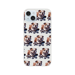 Clear iPhone case with repeating bulldog-on-skateboard pattern; slim, protective Flexi Case for iPhone 13–16.