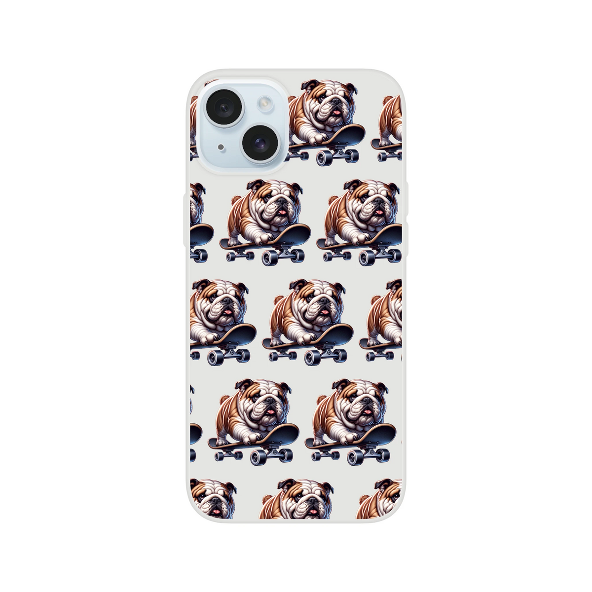 Clear iPhone case with repeating bulldog-on-skateboard pattern; slim, protective Flexi Case for iPhone 13–16.