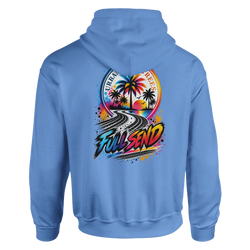 Blue Full Send car hoodie back featuring tire track graphic, palm trees, and retro sunset design for petrolhead streetwear.