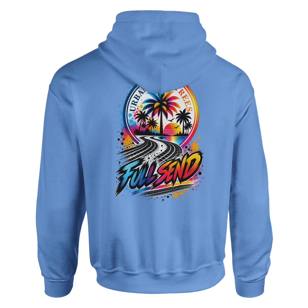 Blue Full Send car hoodie back featuring tire track graphic, palm trees, and retro sunset design for petrolhead streetwear.