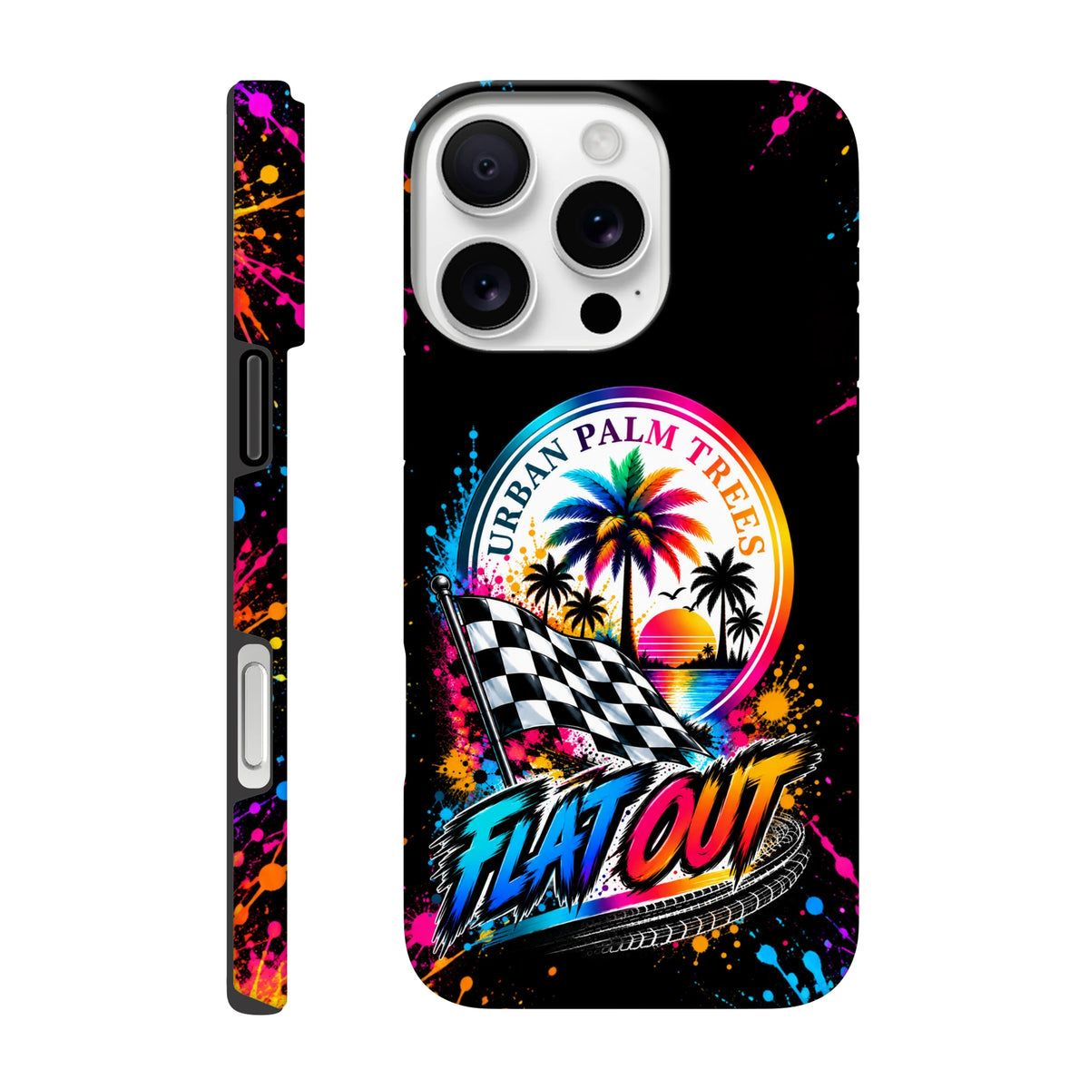Flat Out iPhone case featuring colorful paint splatters, checkered racing flag, and Urban Palm Trees sunset design.
