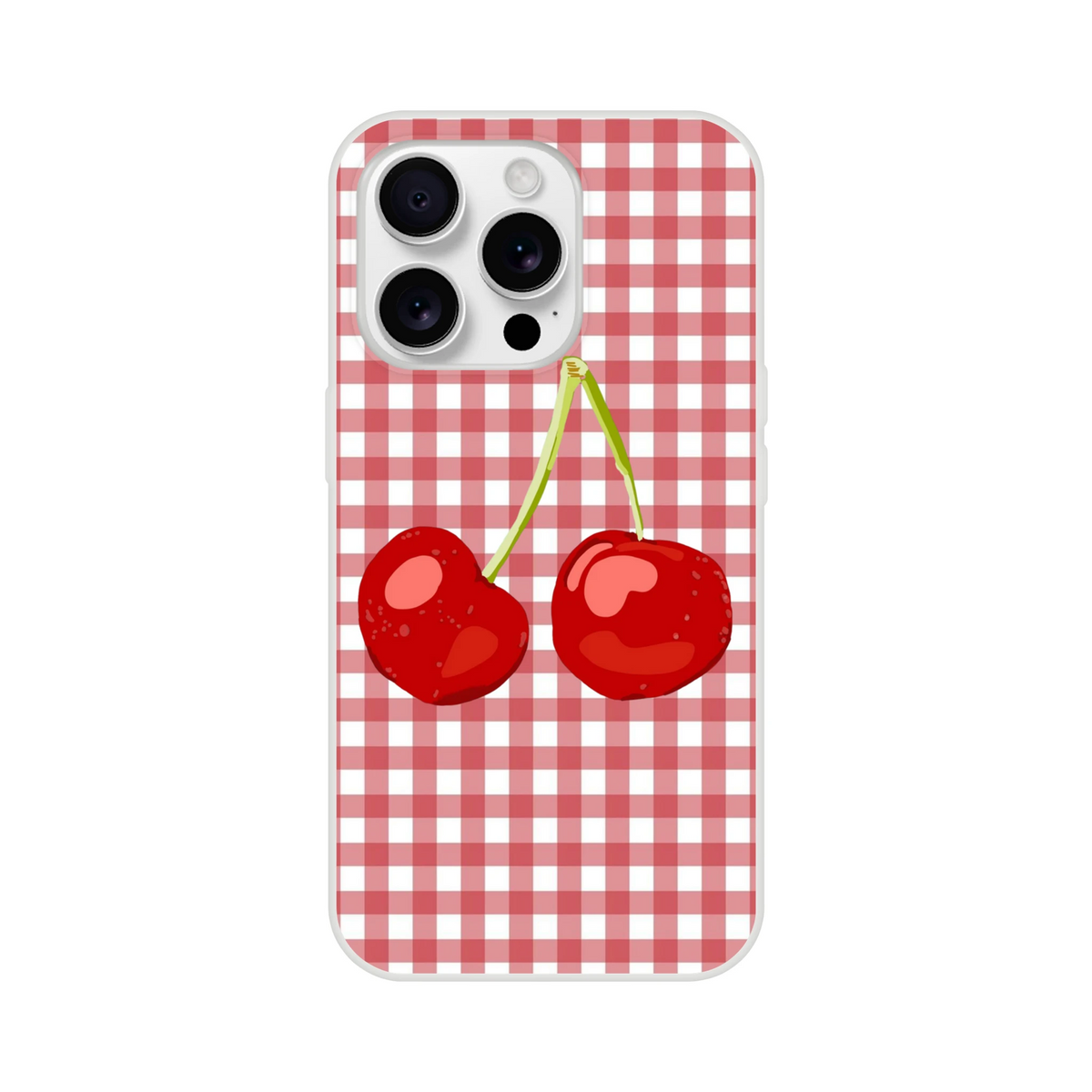 Cute Cherry Gingham iPhone Case (13-16) with red gingham and cherry graphic, Coquette aesthetic.