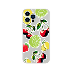 Transparent iPhone case featuring sticker-style cherry, lime, lemon, and strawberry fruit designs for slim drop protection.