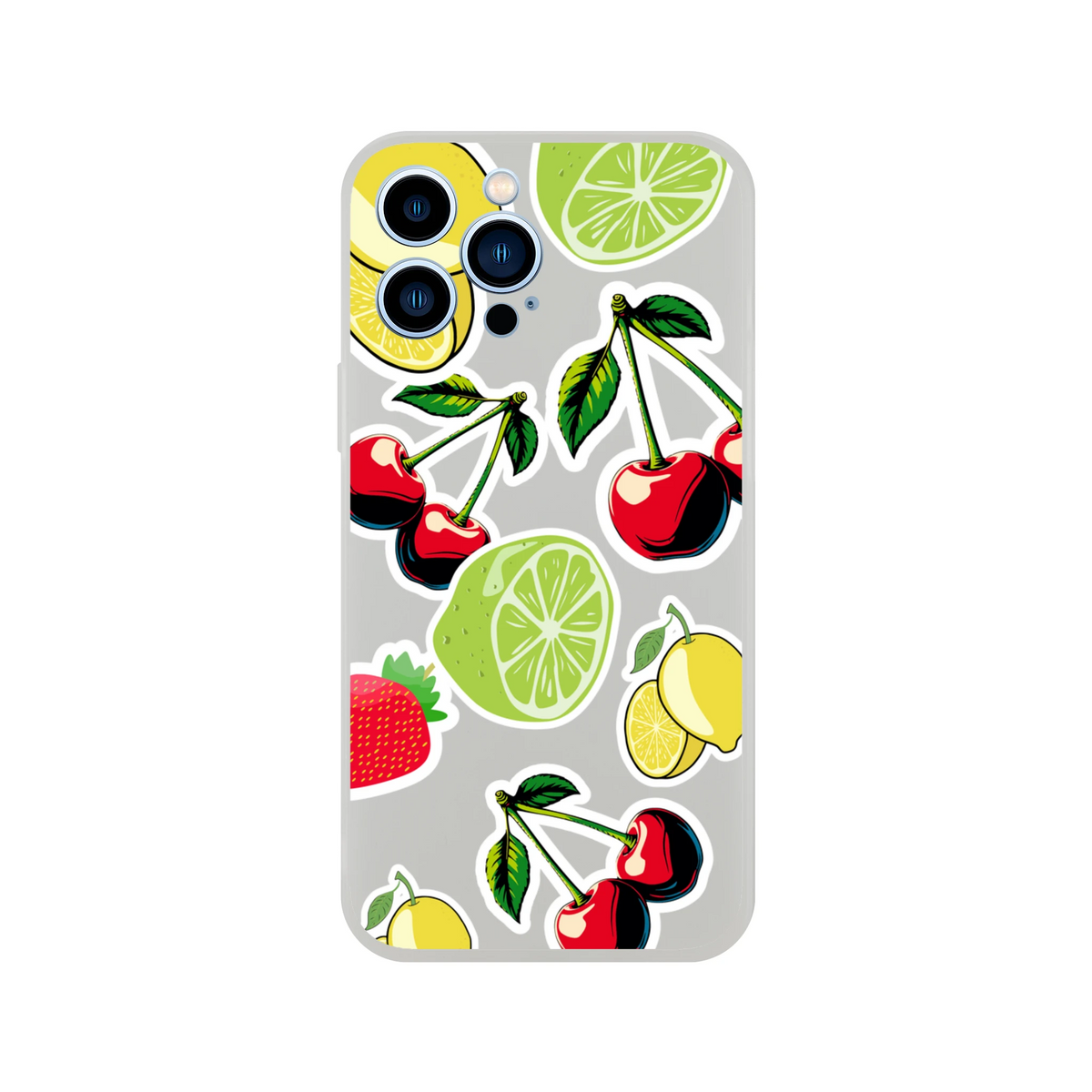 Transparent iPhone case featuring sticker-style cherry, lime, lemon, and strawberry fruit designs for slim drop protection.