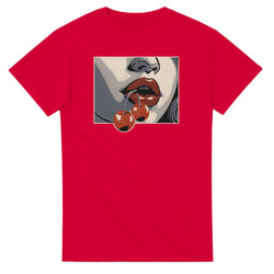 Red crew-neck t-shirt featuring pop-art lips with cherries graphic.