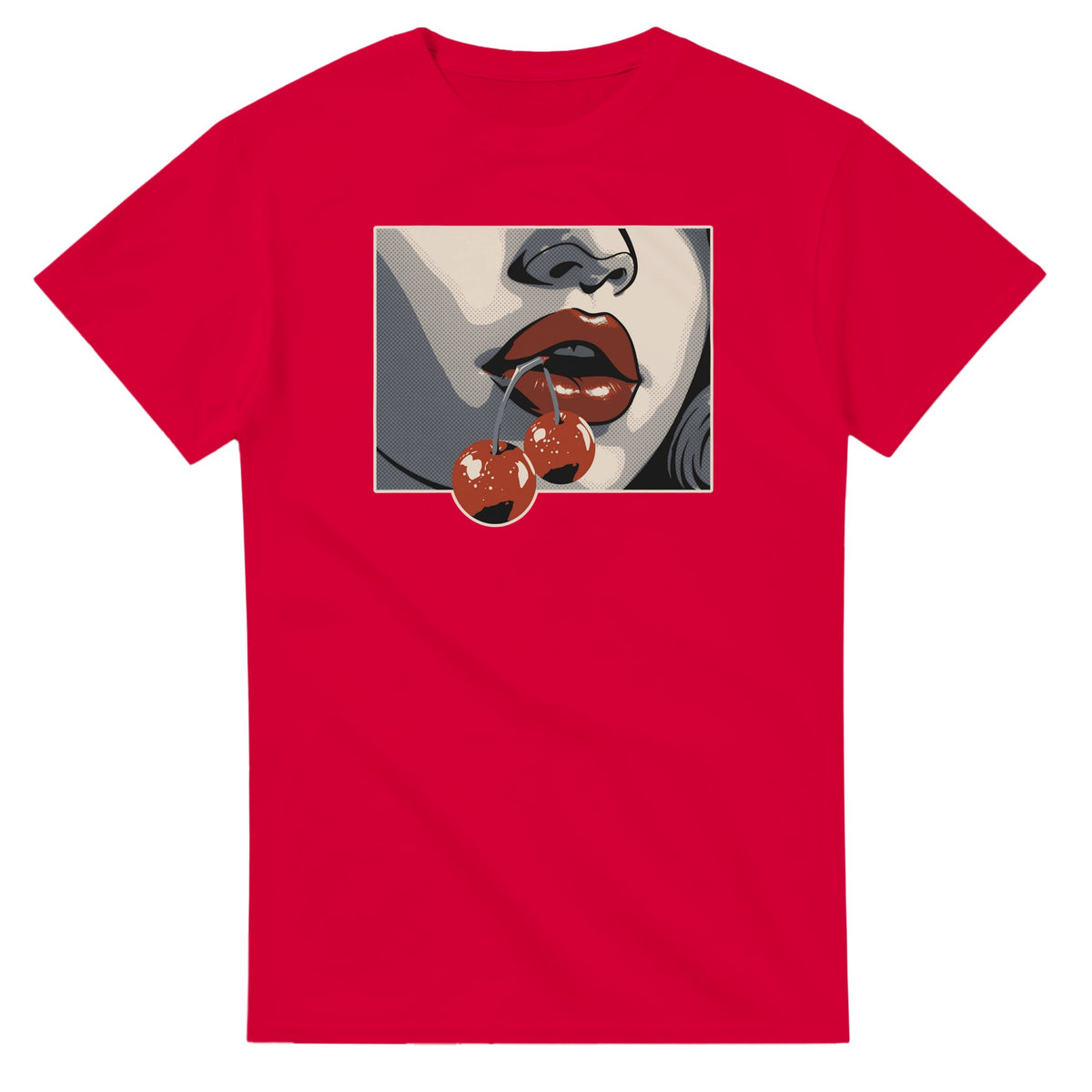 Red crew-neck t-shirt featuring pop-art lips with cherries graphic.