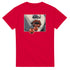 Red crew-neck t-shirt featuring pop-art lips with cherries graphic.