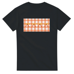 Black women's T-shirt with an orange gingham panel and bow accents.