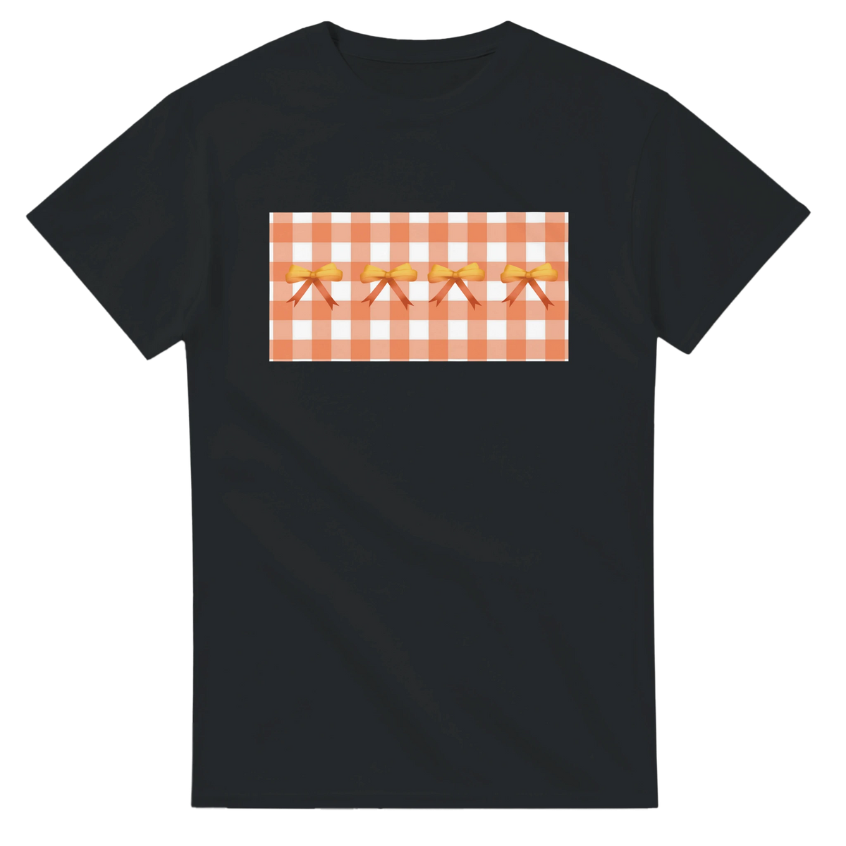 Black women's T-shirt with an orange gingham panel and bow accents.
