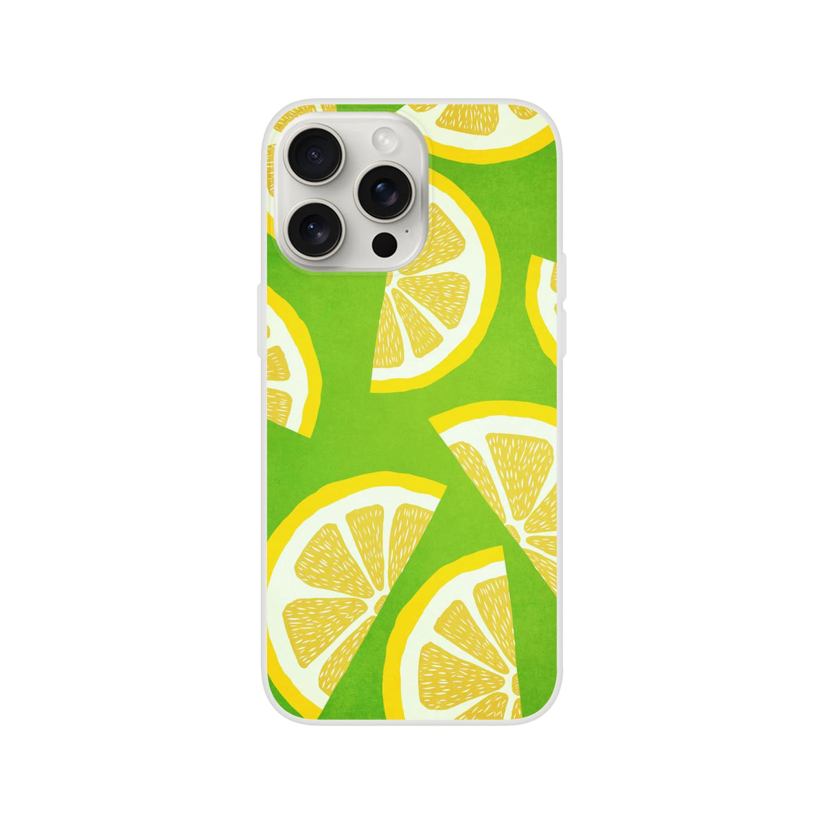 Slim matte lemon-slice iPhone case with green background and yellow citrus pattern for iPhone 13–16.