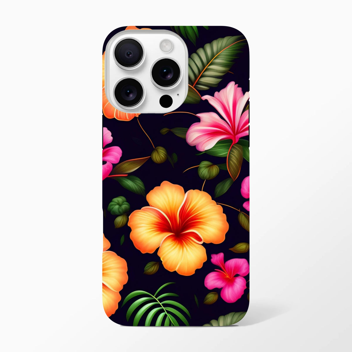 Tropical floral tough iPhone case featuring vibrant orange and pink hibiscus flowers with green palm leaves on a dark background.