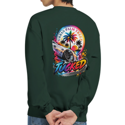 Dark green tucked stance sweatshirt back featuring colorful Urban Palm Trees graphic with lowered car art and tropical sunset.