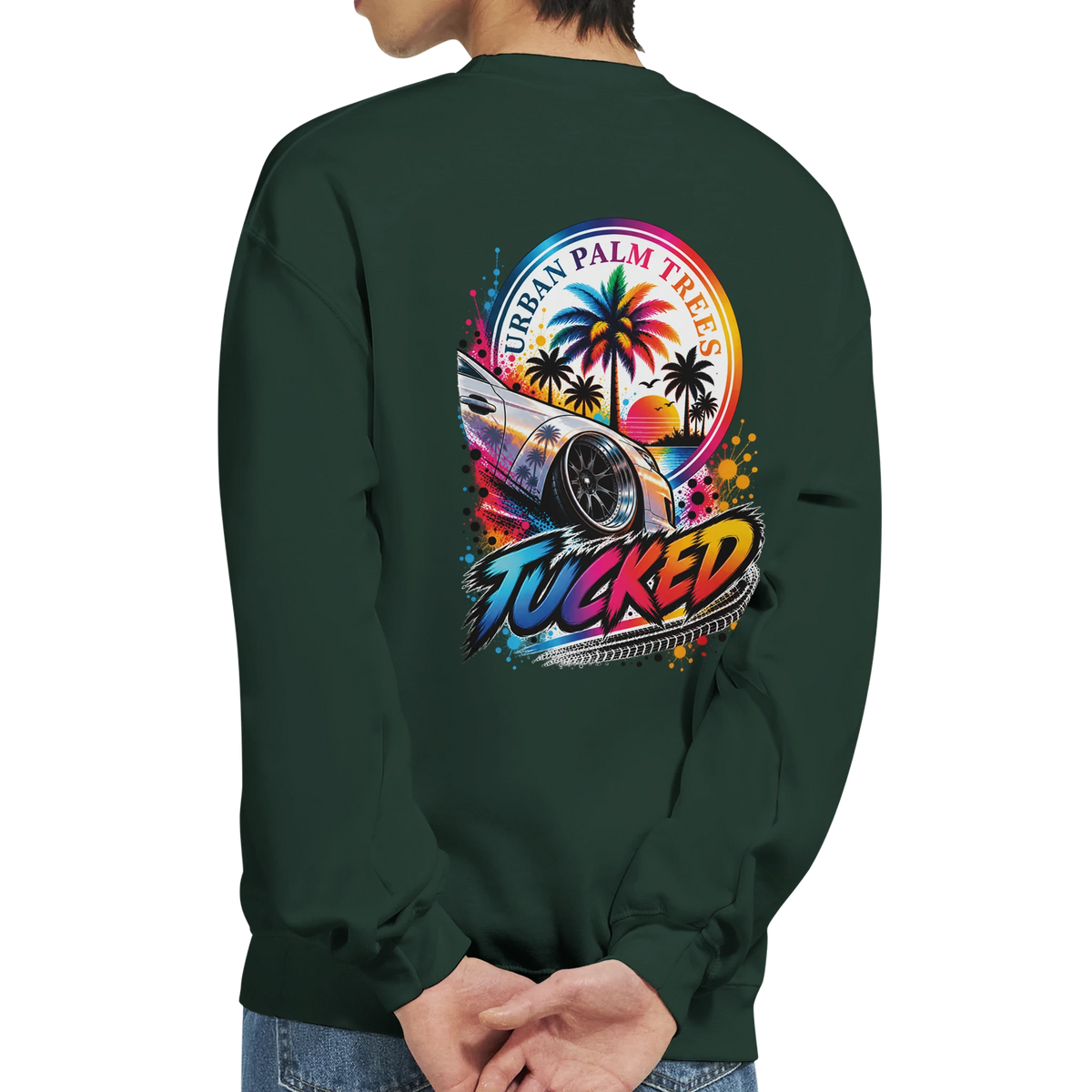 Dark green tucked stance sweatshirt back featuring colorful Urban Palm Trees graphic with lowered car art and tropical sunset.