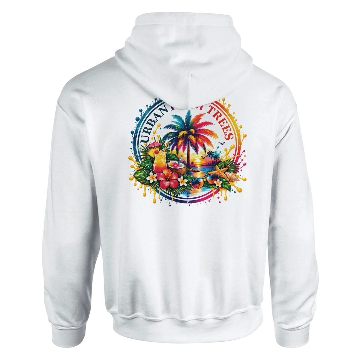 White hoodie featuring a colorful retro tropical back print with a palm tree, hibiscus, starfish, and cocktail against a sunset.