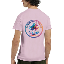 Men's pink vintage palm tree graphic T-shirt with circular rainbow design