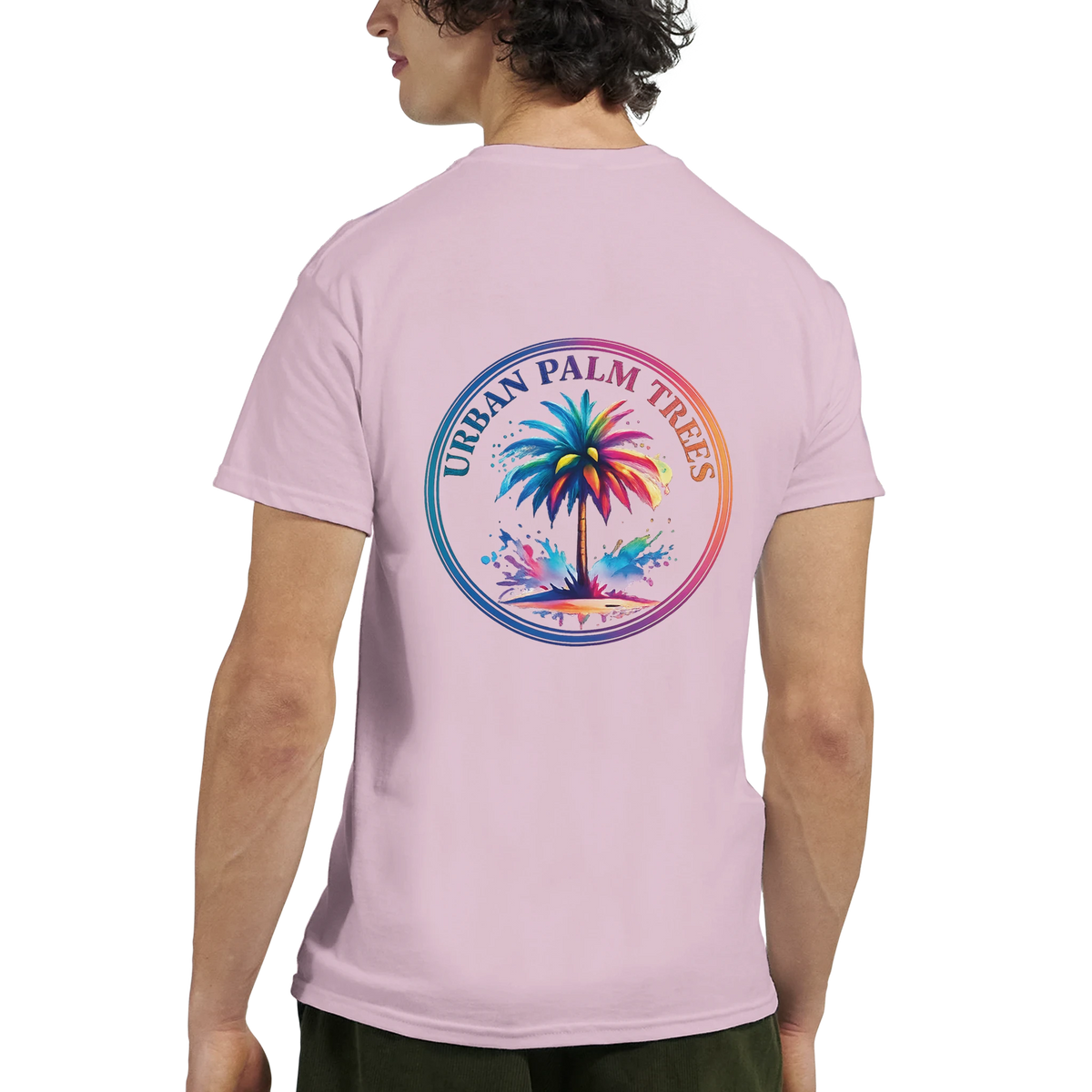 Men's pink vintage palm tree graphic T-shirt with circular rainbow design