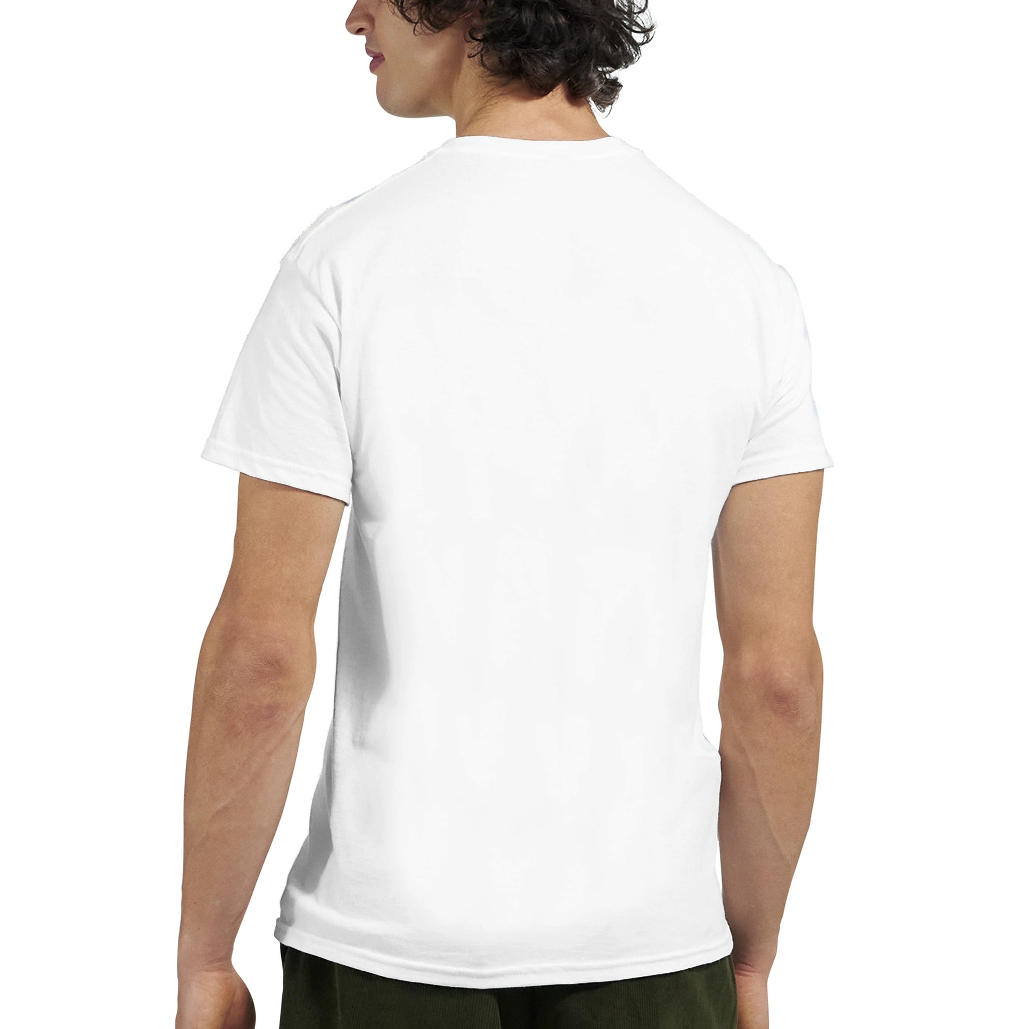 Back view of a man wearing a white Panda DJ T-shirt, short sleeves, crew neck.