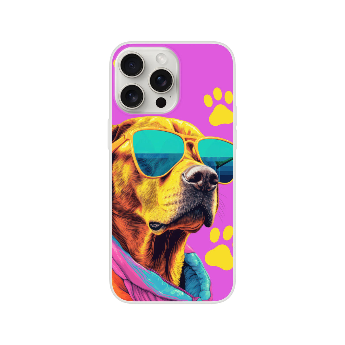 Trendy dog iPhone case for 13-16 with bright pink background, yellow paw prints, and sunglasses-wearing dog.