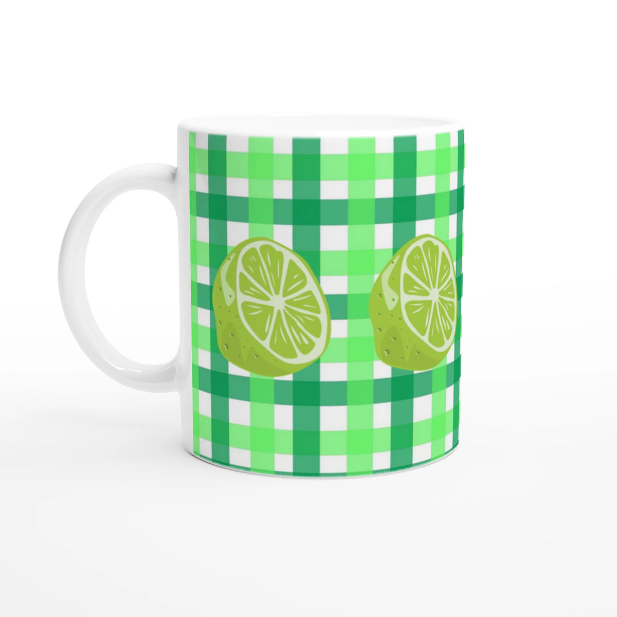 Lime gingham ceramic mug with lime slice motif, a cottagecore coffee cup.