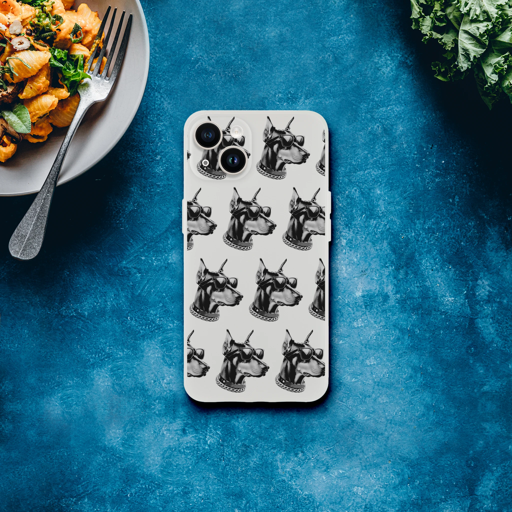 Clear slim iPhone case for 13-16 with a grayscale gangster dog repeating pattern wearing sunglasses.