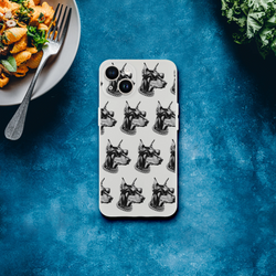 Clear slim iPhone case for 13-16 with a grayscale gangster dog repeating pattern wearing sunglasses.