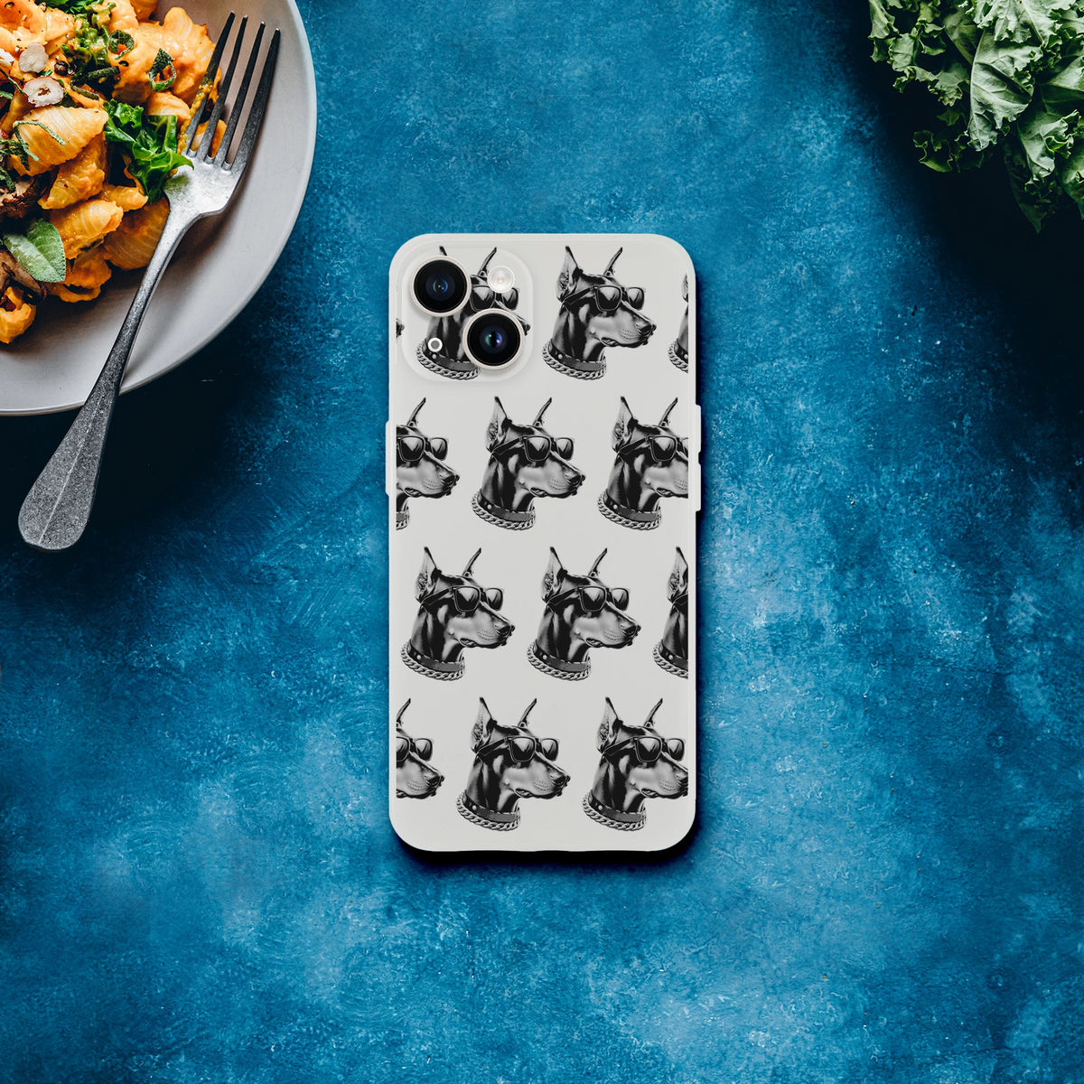 Clear slim iPhone case for 13-16 with a grayscale gangster dog repeating pattern wearing sunglasses.